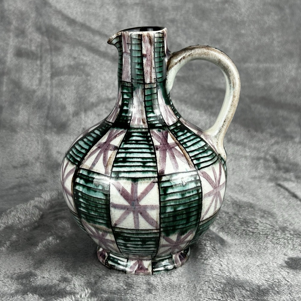 Hand Thrown Studio Pottery Pitcher Signed Beautiful Unique Design Colorful Glaze